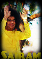 sri sathya sai baba yellow robe blessing with both hands