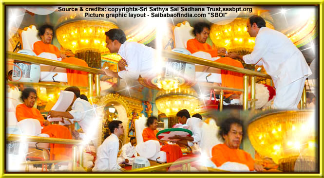 Mon, Jan 10, 2011: This evening's 'session' with The Lord" began with Bhagawan's entry at 1835 hrs. Coming on to the dais after a full round of darshan Bhagawan spent an hour presiding over the bhajan session.