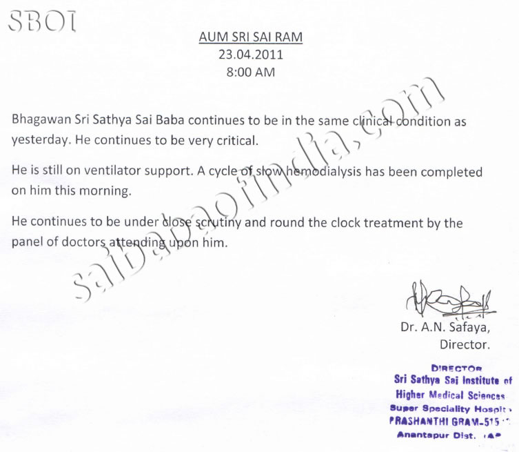 Morning Medical Bulletin released by Director, SSSIHMS, Prasanthigram at 0800 hrs. by reads: